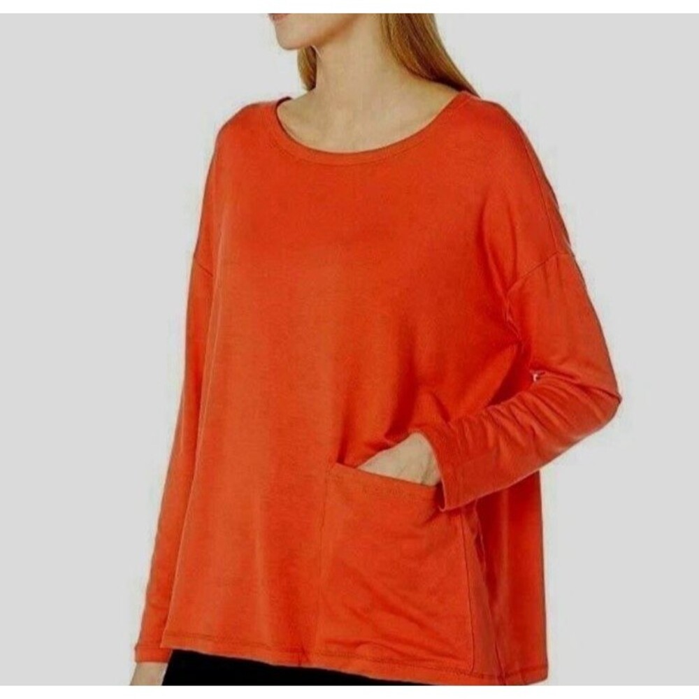 Eileen Fisher Hot Red Tencel Strech Terry Ballet Neck Tunic Top PL